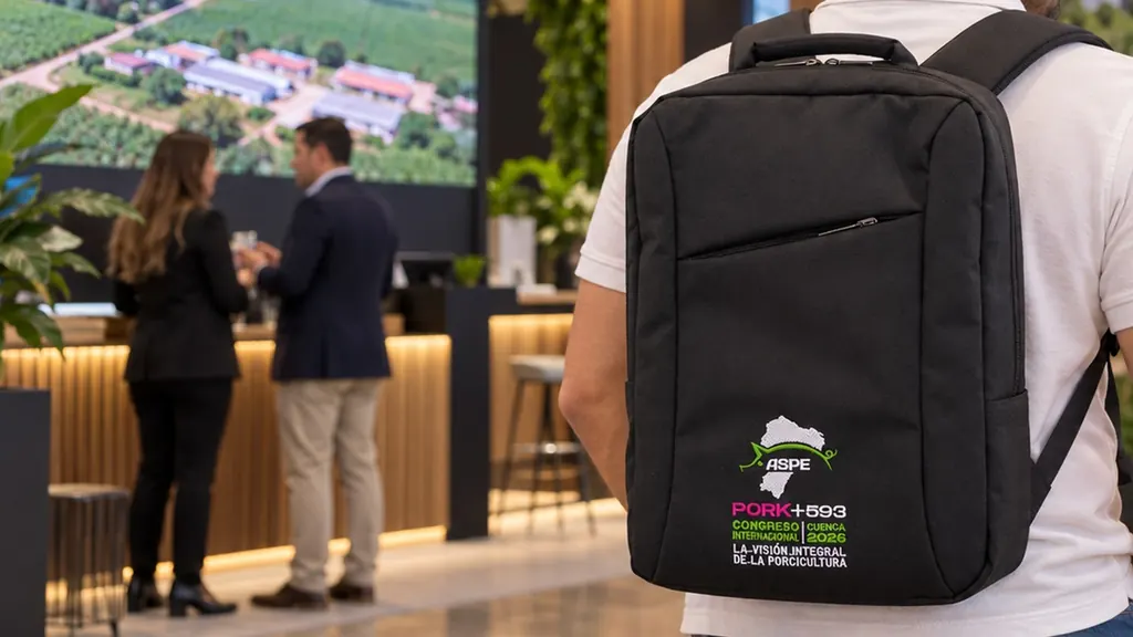 Mochila porta laptop personalizada con el logo bordado de ASPE para su congreso
