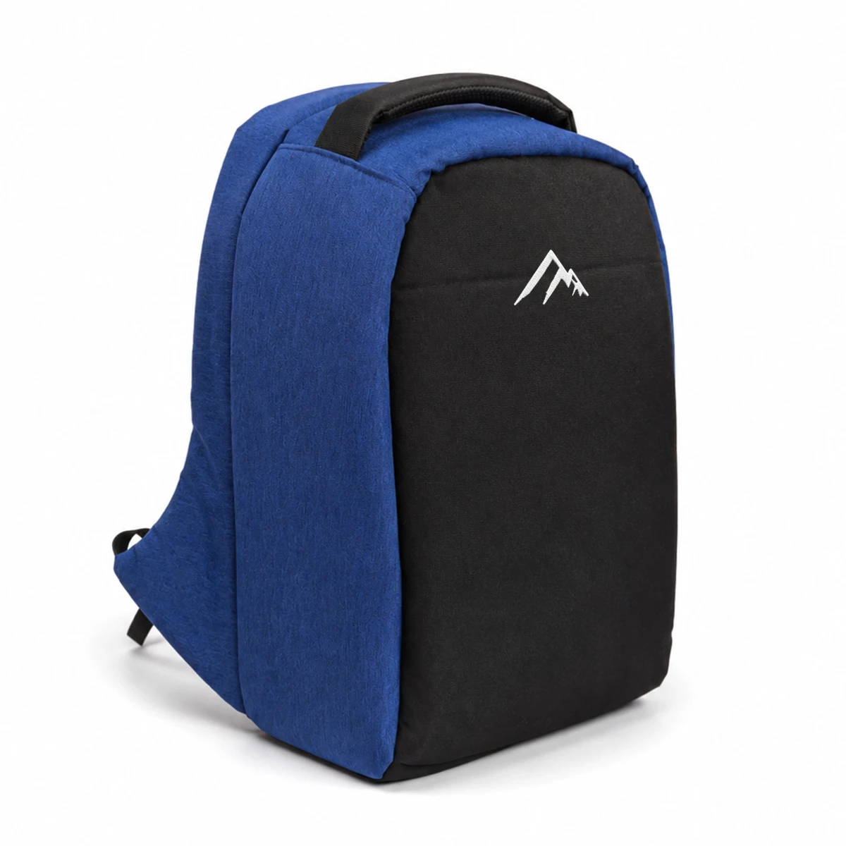 Mochila antirrobo personalizada de color azul con logo bordado en blanco sobre el bolsillo frontal